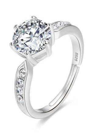 Solitaire Round Sterling Silver Ring Adjustable